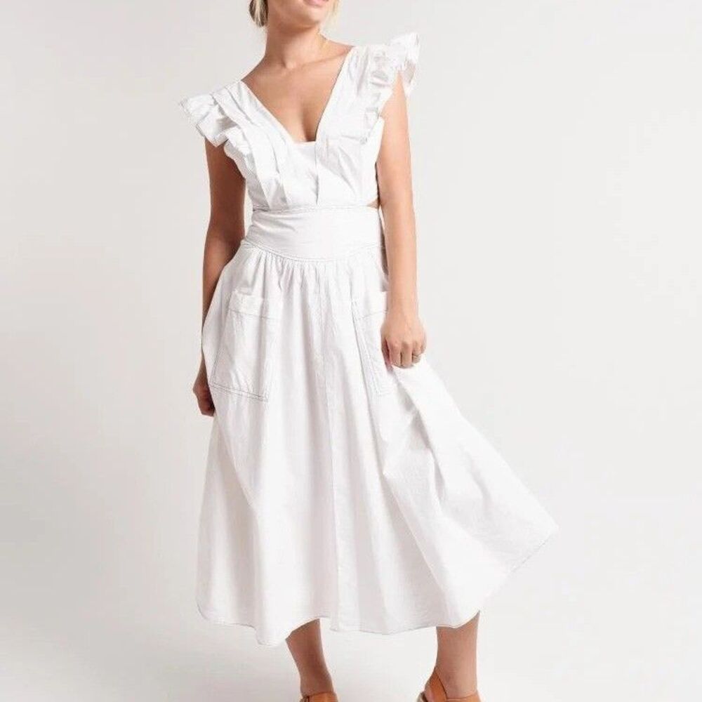 Rebecca Taylor La Vie Poplin Apron Dress Ruffle Solid Cotton White S 290987